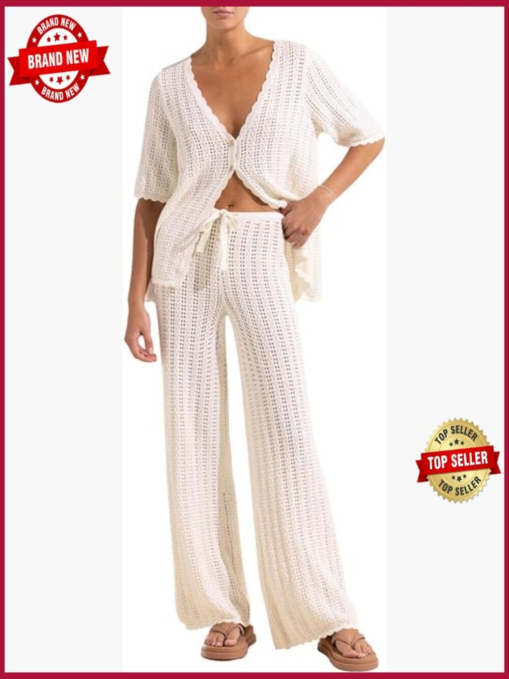 Women's 2 Piece Crochet Knit Cover Up Cardigan and Pants Set